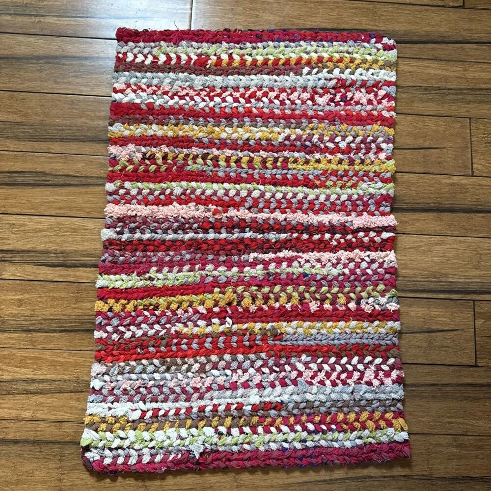 Woven Rag Rug Hand Loomed 35 X 23 Boho Farmhouse Chunky New USA Machine Wash